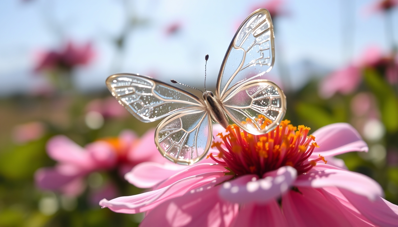 A delicate glass butterfly perched on a blooming flower, catching the sunlight.