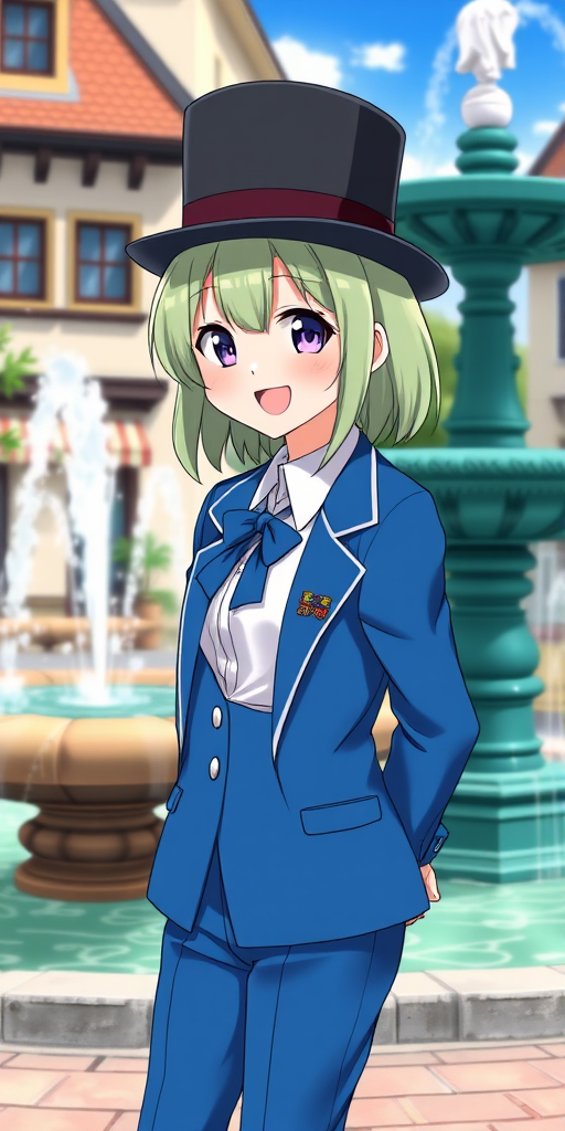 A lively middle school girl in a blue suit and blue top hat, with light green hair, stands by a town fountain, looking at the camera and smiling happily with her hands behind her back, in a style reminiscent of Japanese manga. - Image