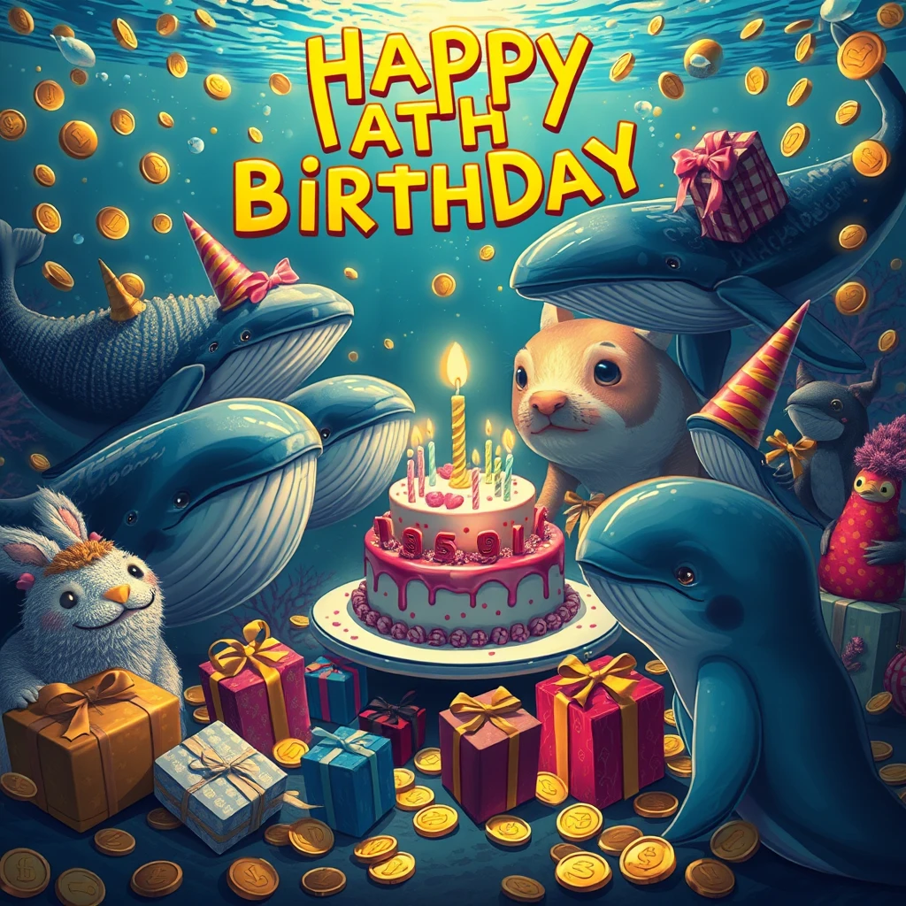 Cyberpunk style, animals are celebrating a birthday, there are whales, many gifts, a cake in the middle, a joyful atmosphere, the background is underwater, filled with gold coins. - Image