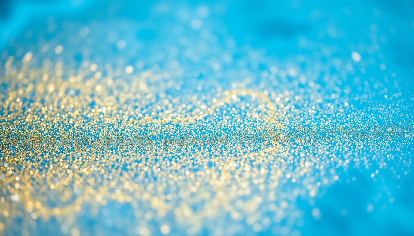 A close-up of a blue and gold glittery surface of water.