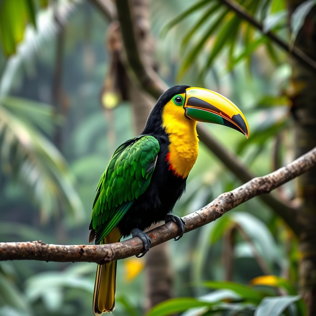 A green and yellow toucan perched on a tree branch in a tropical rainforest, a stock photo, colorful bird with a long, tropical birds, rare bird in the jungle, Amazon rainforest background, with a yellow beak, in a tropical forest.