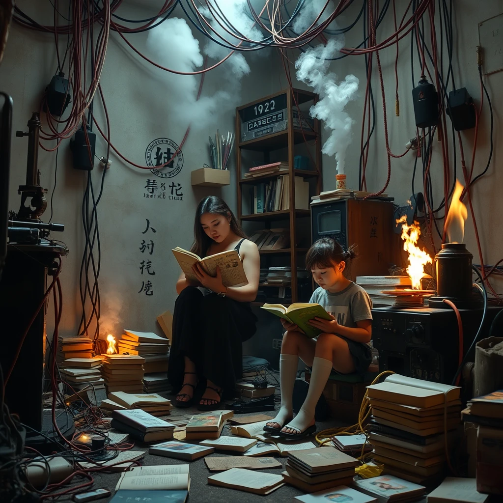 A real-life photograph, wide shot, of a tall strong woman and a girl reading books in the corner of a room. The room has some books scattered messily, and many wires of varying thicknesses are on the floor and in the air, including red, blue, yellow, and other colors. Additionally, there are some machines emitting steam and fire. The lighting is dim, and there are some plants. There are Chinese letters or Japanese letters. - Image