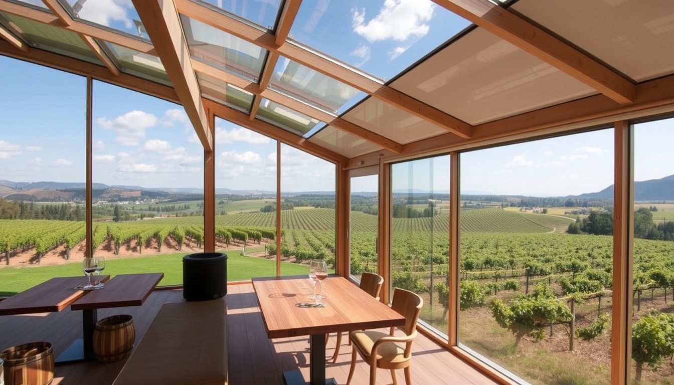 A picturesque vineyard with a glass-walled tasting room overlooking the grapevines.