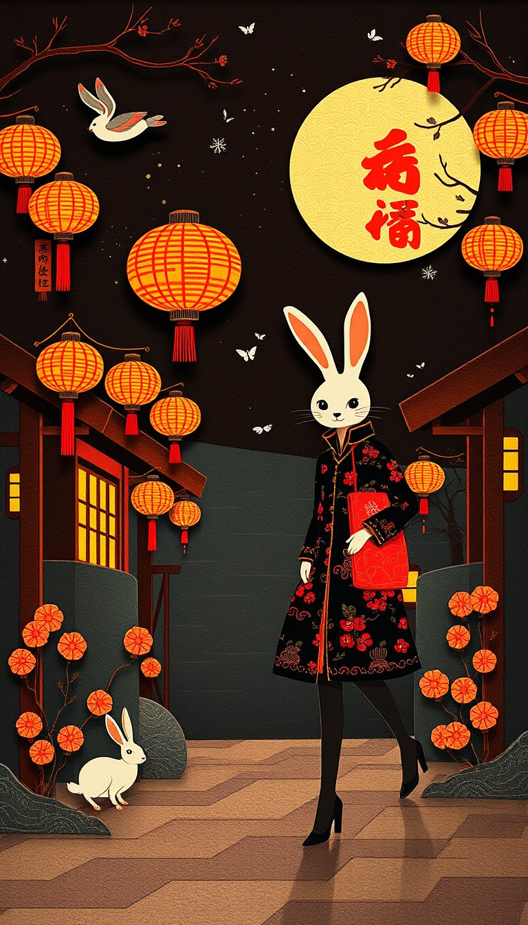 Mid-Autumn Festival, rabbit paper art, night scene, fashion design