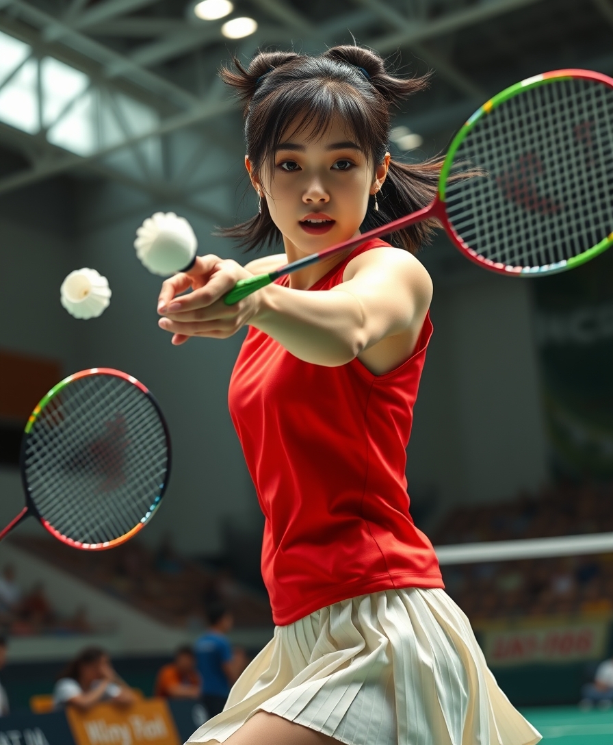 A detailed, realistic portrait of a young woman playing badminton in an indoor sports arena. The woman is wearing a bright red jersey and is mid-swing, her body in a dynamic, athletic pose as she focuses intently on the shuttlecock. The background is blurred, with glimpses of the court, net, and spectator stands visible. The lighting is natural and directional, creating shadows and highlights that accentuate the woman's features and muscular definition. The overall composition conveys a sense of energy, movement, and the intensity of the game. The image is highly detailed, with a photorealistic quality that captures the textures of the woman's clothing, skin, and the badminton equipment.
A woman with a beautiful face like a Japanese idol, she is wearing a white pleated skirt.
Badminton rackets and shuttlecocks with dynamic swings and motion blur. Depiction of the human body with a flawless personality.