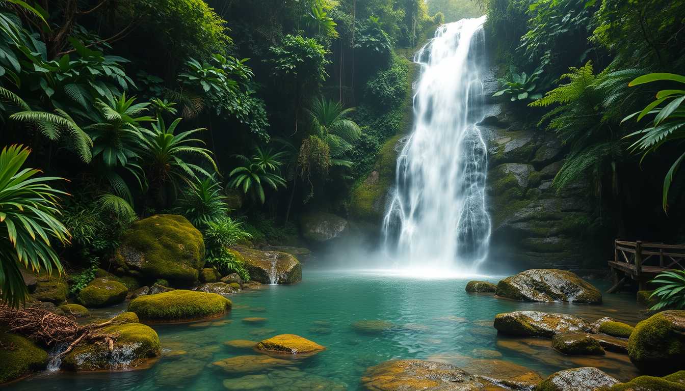 rfall, cascading, clear water, lush greenery, high quality, photorealistic, hidden oasis, serene, rainforest, breathtaking, secluded::0.8 moss-covered rocks, tropical plants, natural pools, jungle trails, mist,