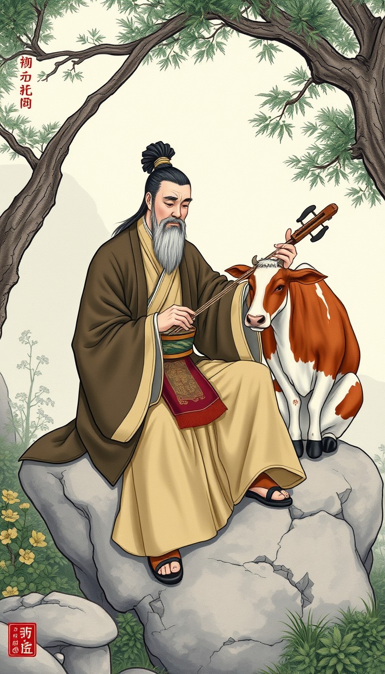 Gong Mingyi, dressed in traditional Chinese robes, sits beside the cow on a rock, starting to play his qin with dedication and passion. His serene expression and graceful posture contrast with the cow's indifferent demeanor. The scene captures the serenity of nature with detailed plants and trees around. (illustration style, traditional Chinese art)