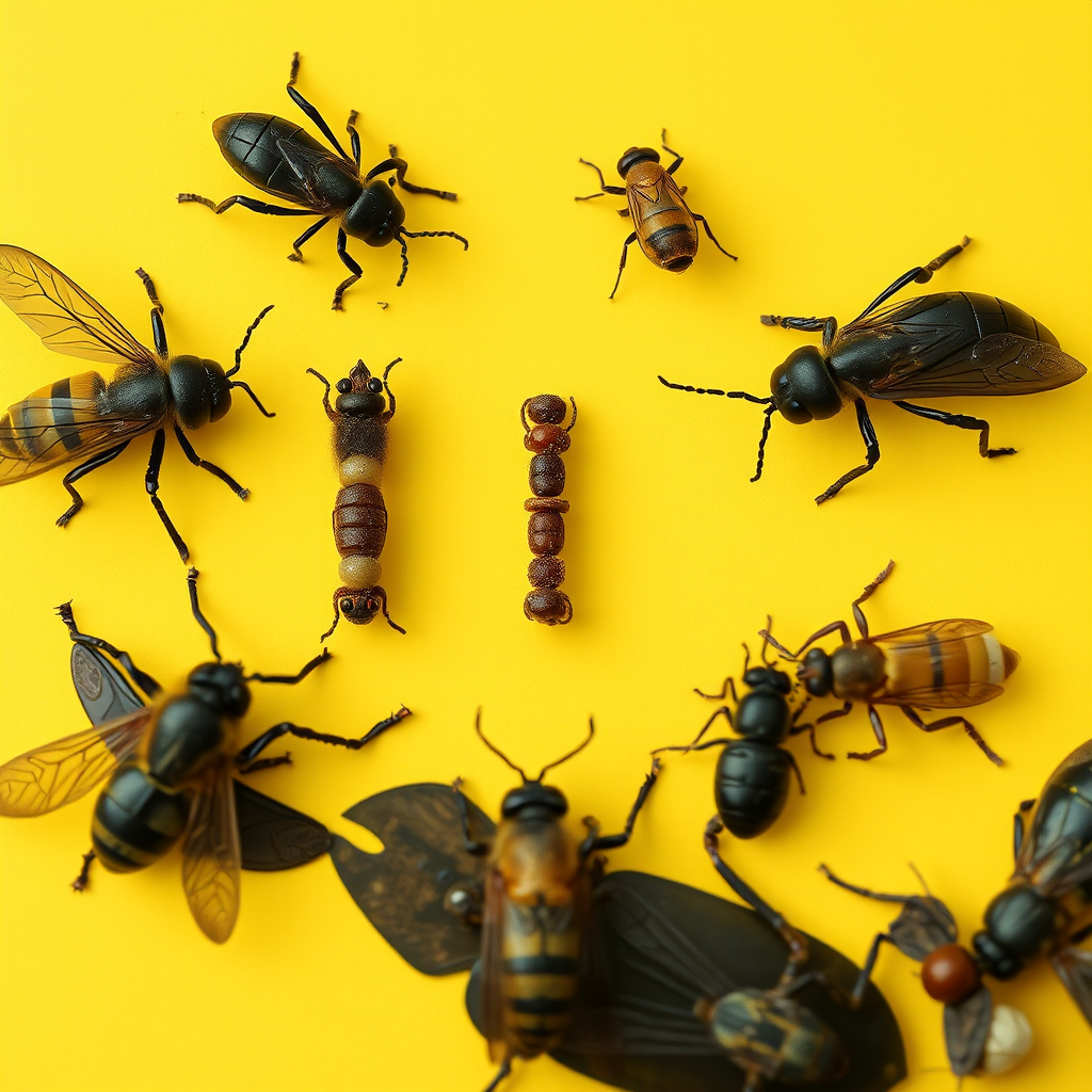 a typo "I" made of insects, yellow background, realistic photograph