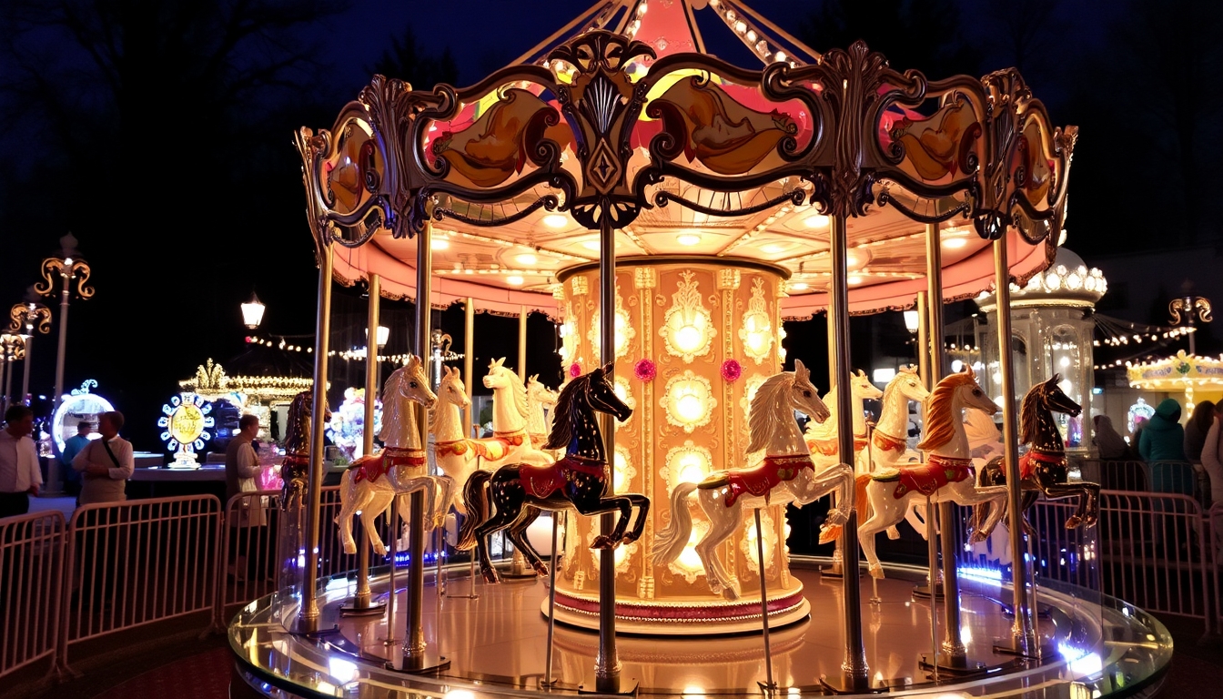 A whimsical glass carousel with beautifully detailed animals, lit up at night.