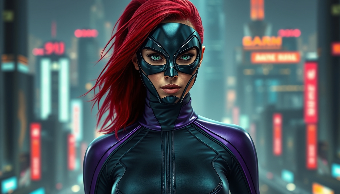 I used Flux AI Image Generator to create this image of a woman with red hair and green eyes wearing a black metallic mask. She's dressed in a skintight black and purple spandex suit that features a high collar and long sleeves. She's standing perfectly straight. The background depicts a futuristic city. I love this image; it feels like something out of a fantasy movie. Show a full body image from a distance.