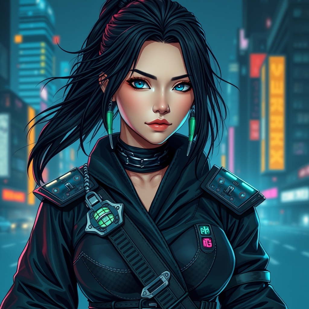 Cyber Samurai style of women warrior with rugged black hair and cybernetic implants | merging leather garments with futuristic cyberpunk elements | flowing robes and high-tech armor plating | dystopian cityscape background | in deep blue and neon green. hyper-clear, 8k, AR, cute face style.