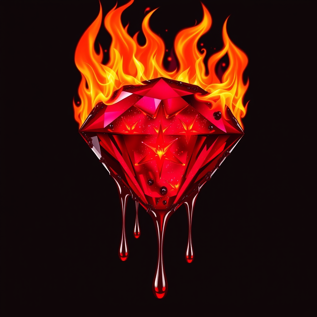 A tee shirt design of a beautiful ruby on fire with beautiful liquid red ruby dripping with flames. The ruby has black char all over it and subtle colorful embers burning in the ruby. Inside of the ruby should be reminiscent of beautiful galaxies perfectly blended with chaos. Striking and otherworldly on a transparent background.