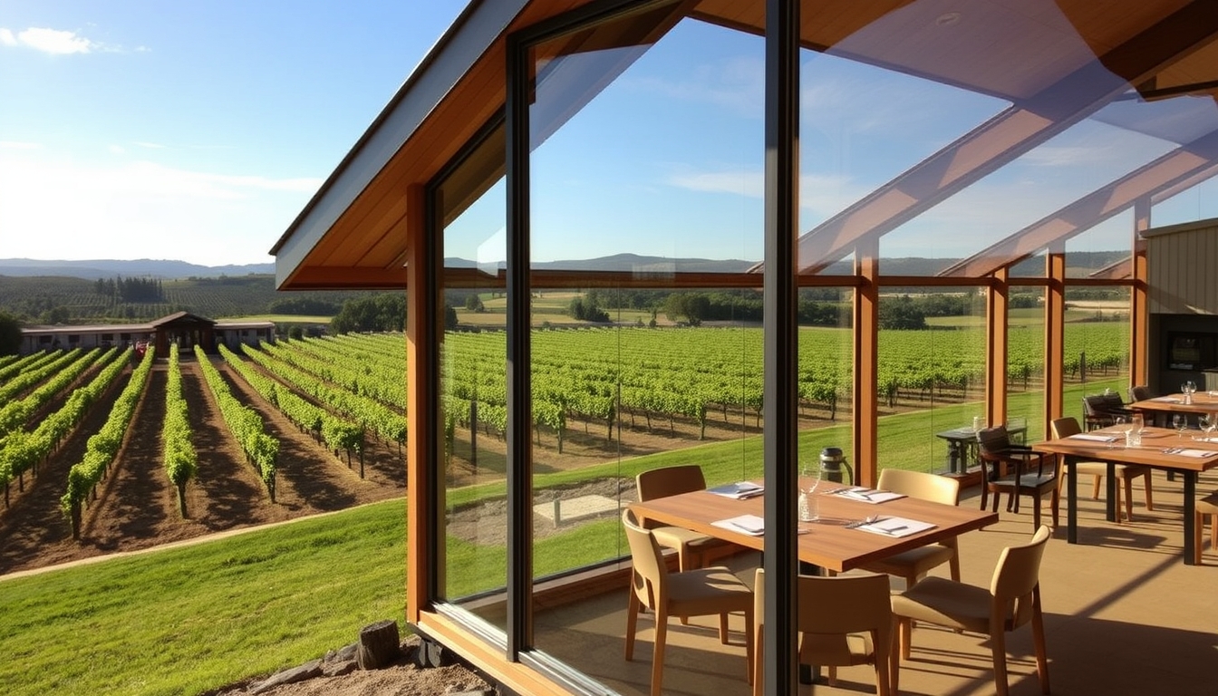 A picturesque vineyard with a glass-walled tasting room overlooking the grapevines.