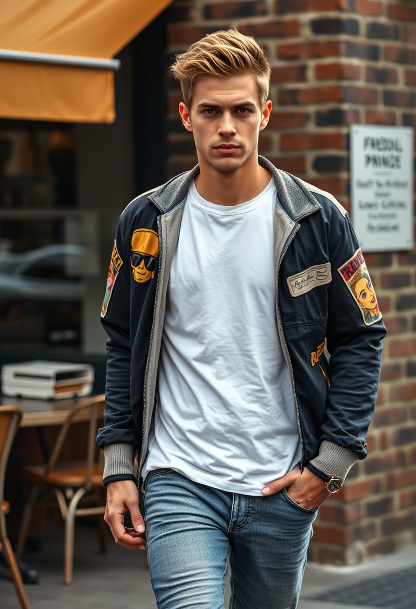 Freddie Prinze head and body shot, handsome, young, serious face, white T-shirt, collage jacket, skinny jeans, sneakers, walking with style, near café, hyper-realistic, street photography, brick wall, full body photo, morning scenery.