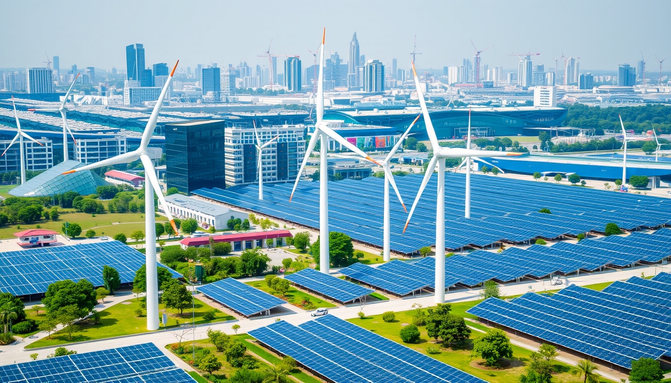 Wind turbines and solar panels in a modern city, representing renewable energy.