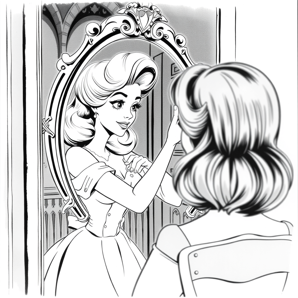 Victorian blonde crosses the mirror. Black and white illustration by Glen Keane, ArtStation, Disney 1990.