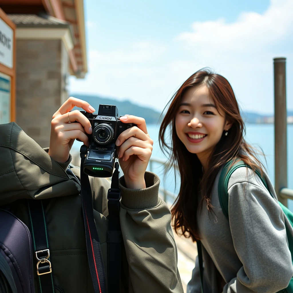 🎒 **Preparation**: "Korean young woman with camera, recording journey moments, good mood, soul relaxation, Cheung Chau Island adventure, photorealistic style" - Image