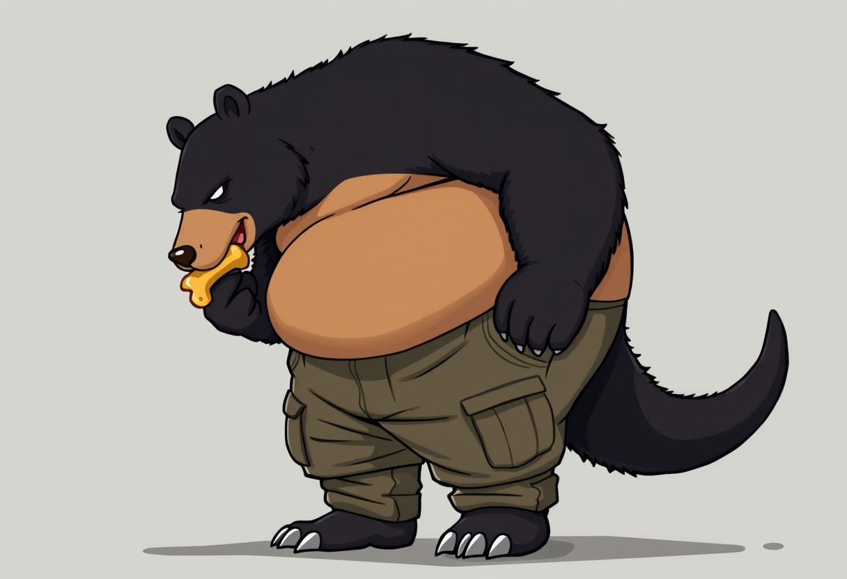 Thick anthropomorphic black bear kangaroo hybrid wearing cargo pants. Excessively eating fast food and getting fatter. Extremely overweight, semi-cartoon.