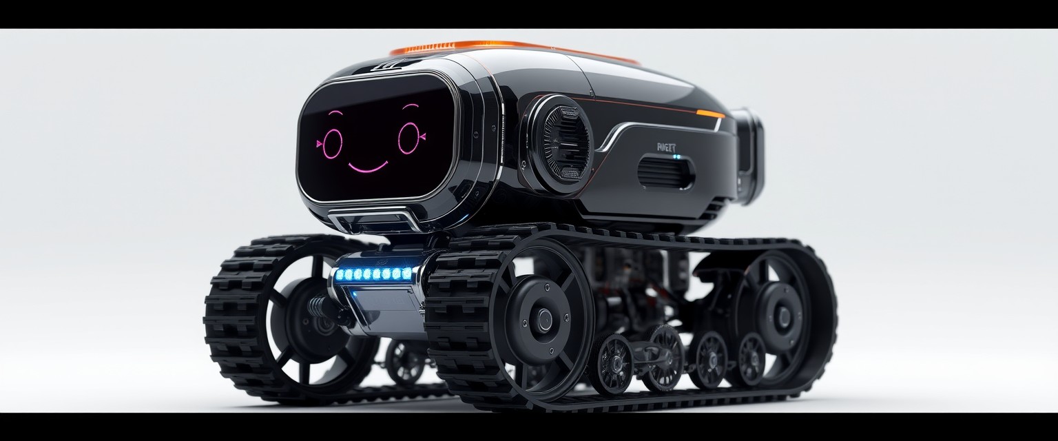 Cute aesthetic, a small and cute semi-transparent tracked robot with an LED screen face, emoticon, stunning Unreal Engine render, intricate details, front, side, and back, simple background. - Image