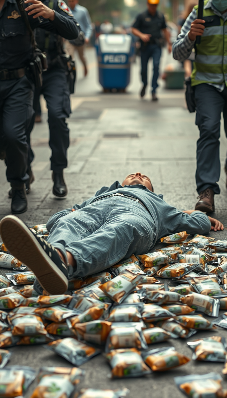 3D realistic render of a guy fallen on the ground with tons of opened CBD bags falling on the floor, policemen chasing him from behind, the background is a street.