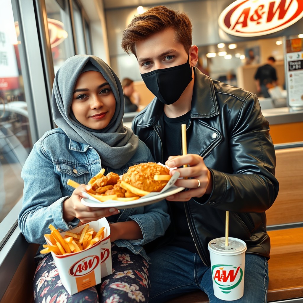 Jamie Dornan's head and body shot, handsome, young, face mask black, blue jeans jacket, jeans, dating love with a grey hijab Muslim girl, beautiful eyes, face mask black, black leather jacket, biggest floral skirt, at A&W fast food restaurant, plate of Korean fried chicken, 2 cups of fries, soft drink A&W, photorealistic, hyper-realistic, street photography, selfie. - Image