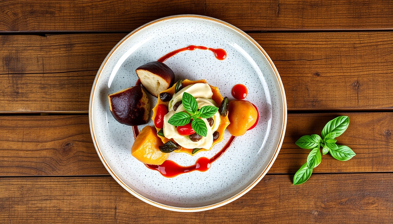 A top-down view of a beautifully arranged gourmet dish, with vibrant colors and textures, placed on a rustic wooden table, highlighting the artistry of food. - Image