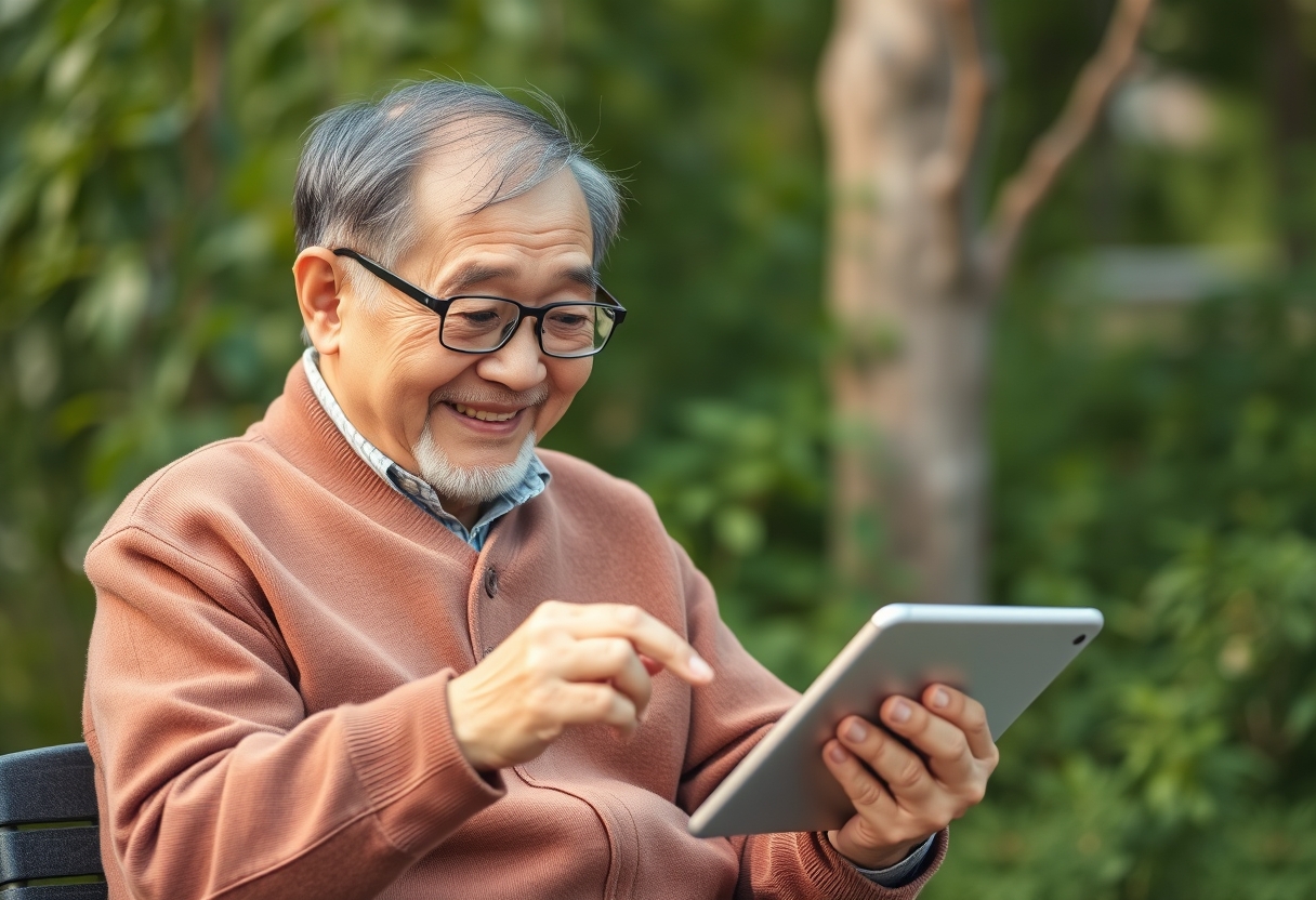 Korean grandfather, smiling, using AI economy service through iPad.