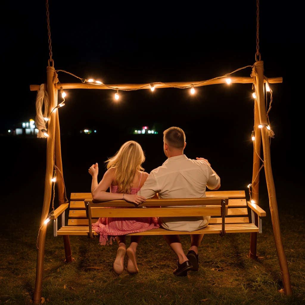 a couple on a swing at night