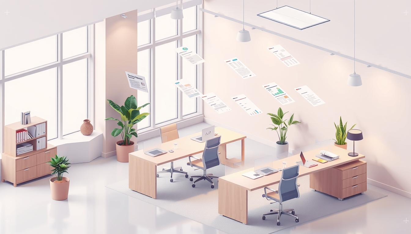 Modern Isometric Office Space with Floating Financial Documents in Soft Tones.