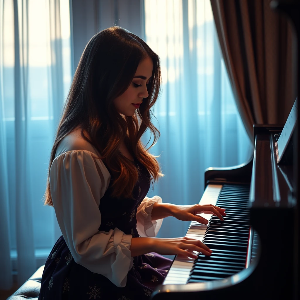 Beautiful female pianist playing the piano.