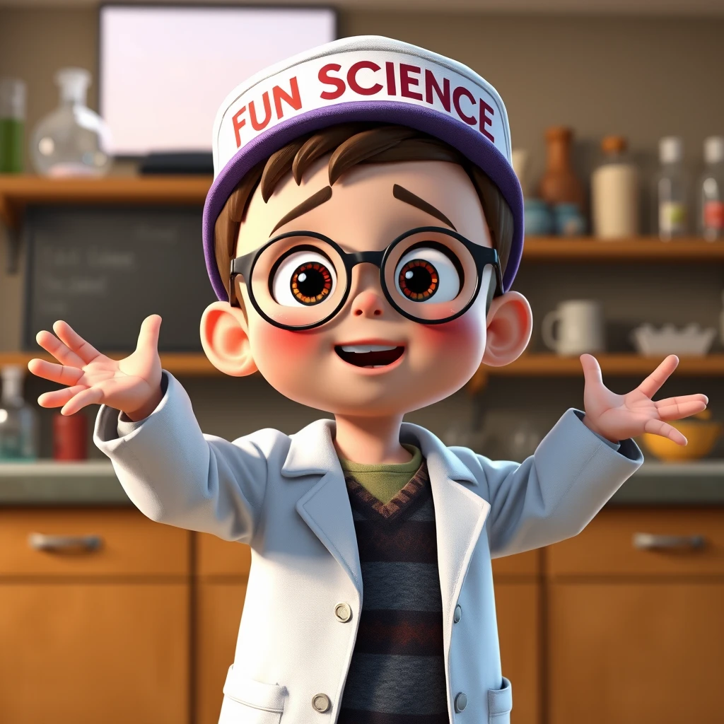 A cute 12-year-old boy in a science lab wearing a lab coat and a hat that says 'FUN SCIENCE', striking a pose as if singing, in Pixar animation style. - Image