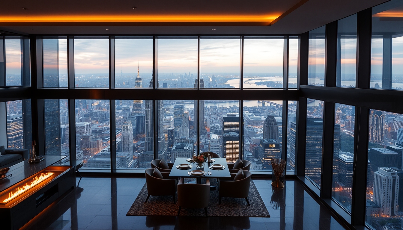 A luxurious glass-walled penthouse apartment overlooking a bustling city. - Image