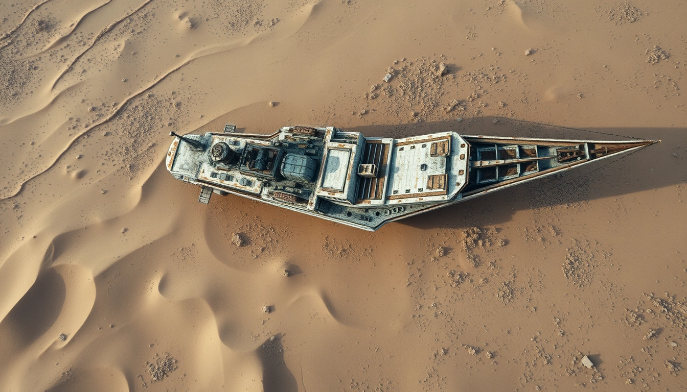 Looking down vertically from a high altitude, there is a huge cruiser on the desert floor. The cruiser has been abandoned for a long time, leaning at an angle in the desert, covered in rust.