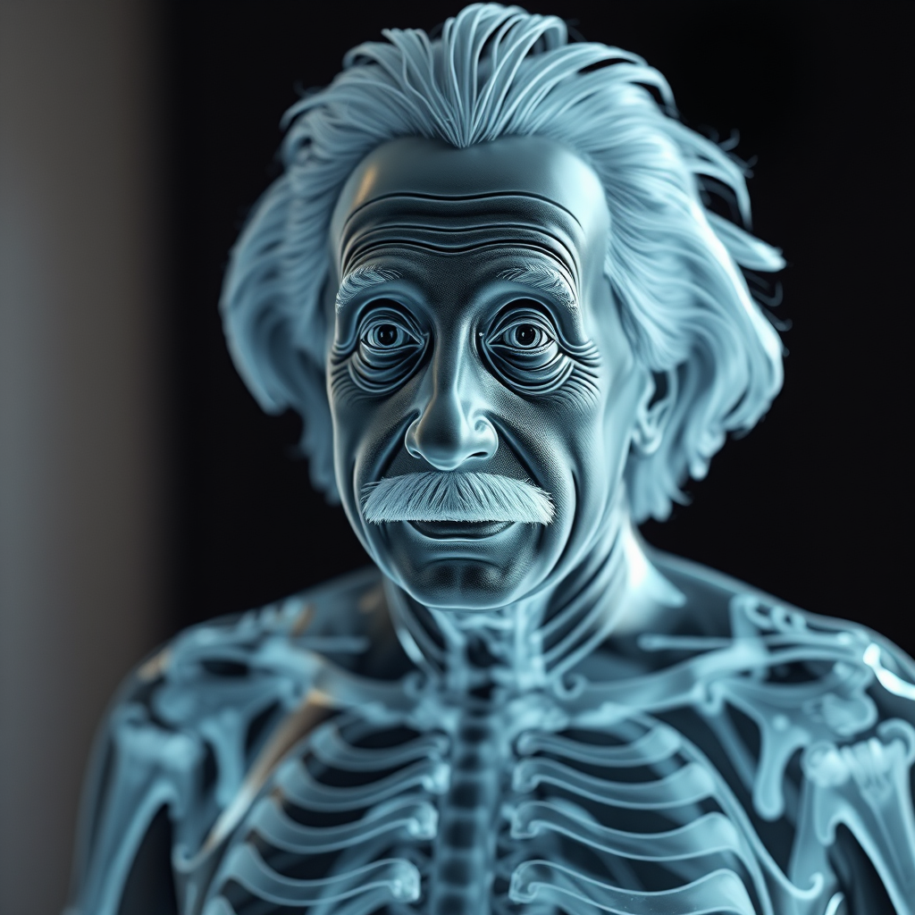 A portrait of a transparent Albert Einstein statue, inside the body, x-ray, looking at the camera.