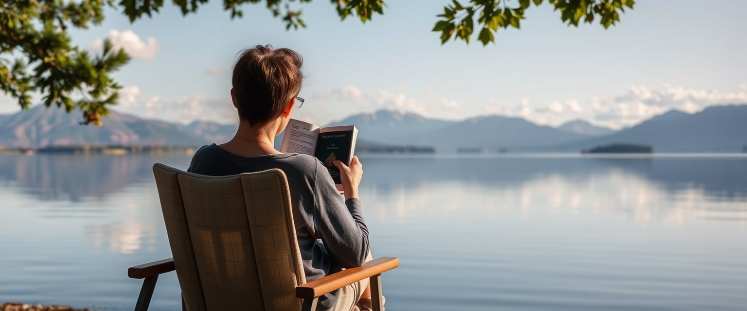 A serene lakeside retreat with a person reading a book on a comfortable chair, peaceful water reflections, and distant mountains. The setting conveys tranquility and freedom. Created using: natural style, serene lighting, soft reflections.