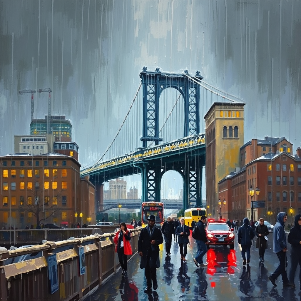 New York bridge, rain, people, canvas, oil paint, impasto brushstrokes, Richard Schmidt, Mark Legu, Jeremy Mann