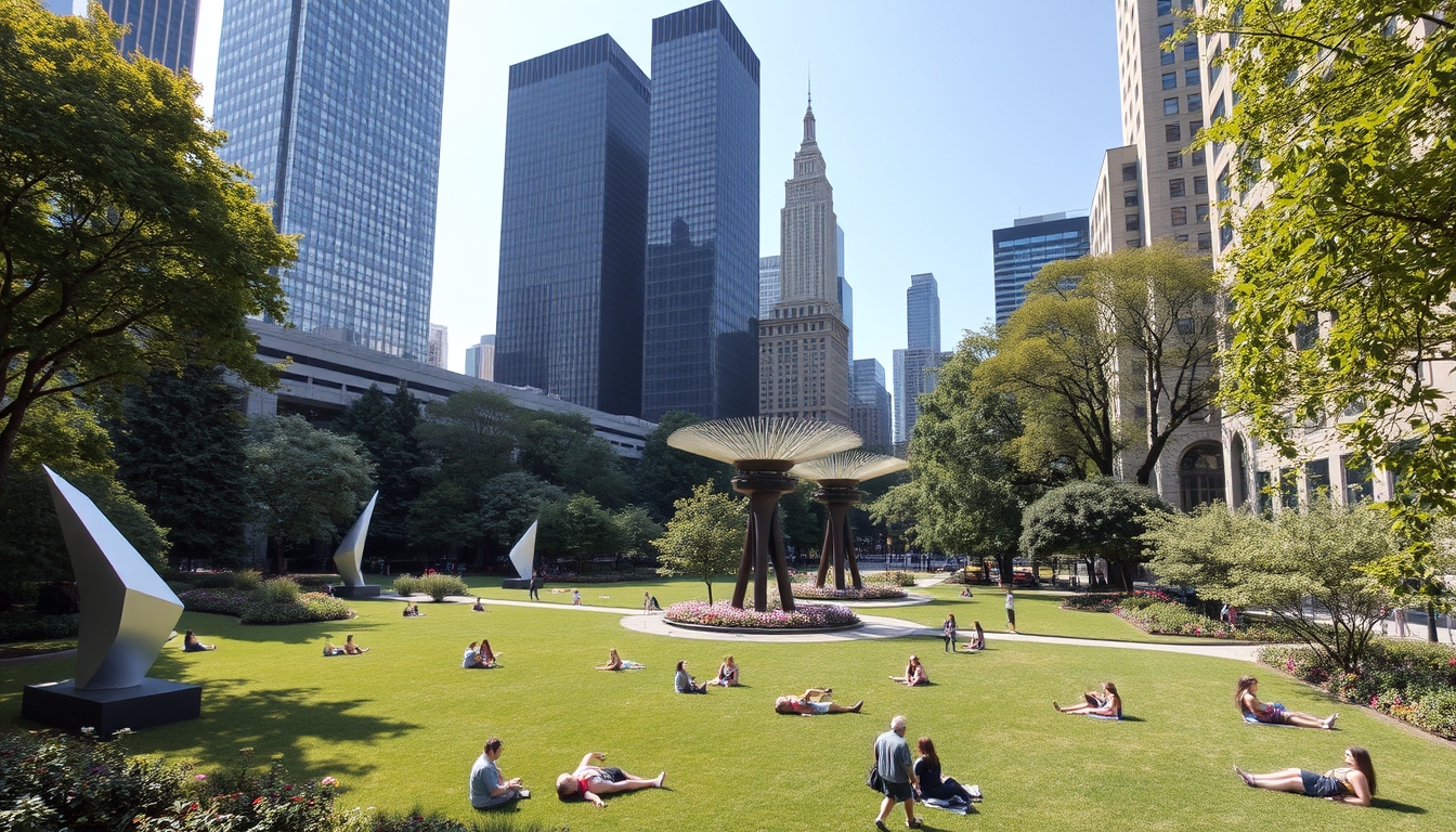 A wide-angle view of a city park with lush greenery, modern sculptures, and people relaxing on the grass, surrounded by skyscrapers.