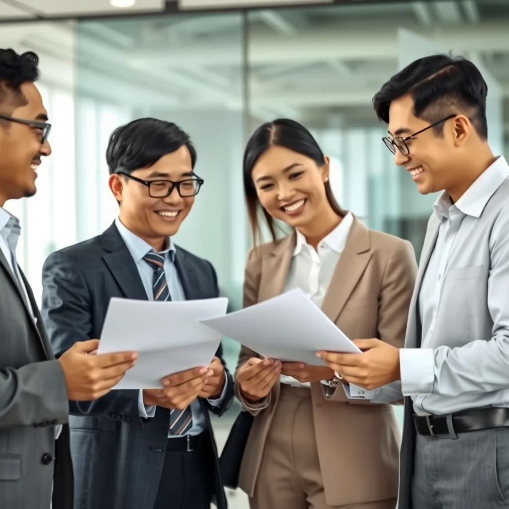 Group of south-east Asian businessmen and businesswomen in an office space, meeting with happiness on their faces, looking at paper documents, realistic photo.