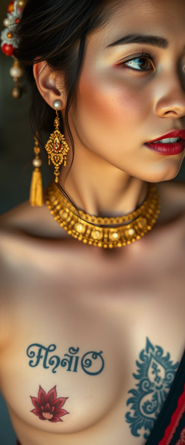 Close-up view of the tattooed waist of a fair-skinned Korean Indian woman with beautiful facial features and blue eyes, wearing gold ornaments and looking sideways. - Image