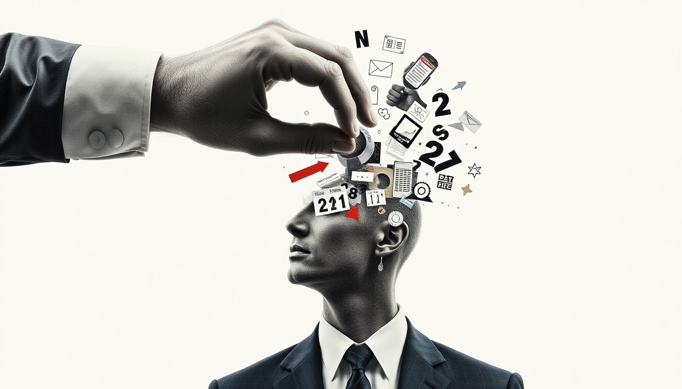 sharp conceptual collage of a human hand pouring false information into a man's head, symbolizing - Image