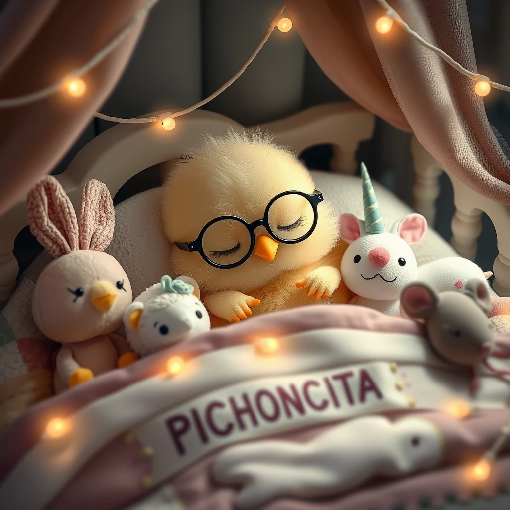 It is night. A sweet, delicate, soft, tender, fragile Kawaii chick, wearing glasses, rests its head on the pillow, deeply asleep in its precious little bed with tiny bells, fluffed up, soft colored lights, and childish details that have the name PICHONCITA written on it, surrounded by patchwork blankets and accompanied by cheerful colorful bunny, little sheep, unicorn, and plush mouse. Photo. - Image