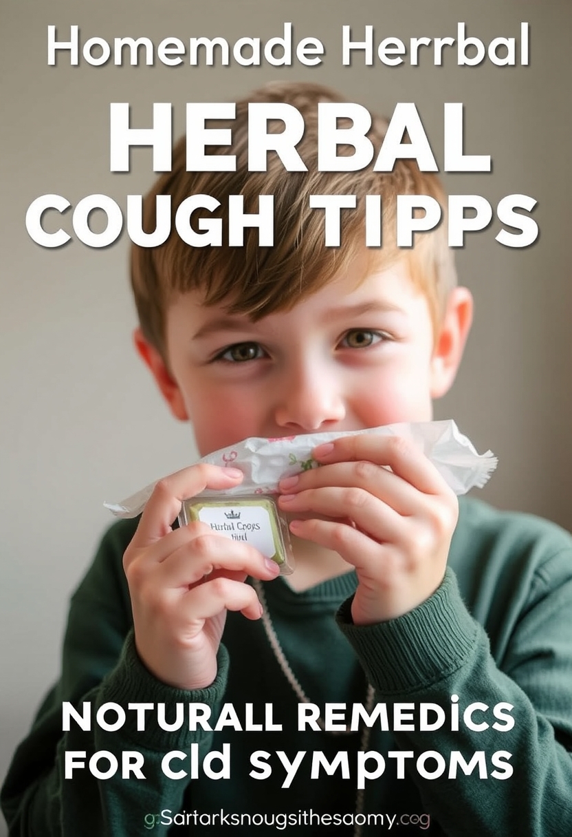 Boy with tissue packaging homemade herbal cough drops emphasizing the creation of natural remedies for cold symptoms.