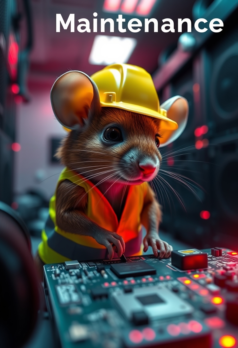 A small mouse with a hard hat and high visibility vest is repairing a circuit board. The mouse has a serious look in his eyes. The background shows a server room with only red emergency lighting, red ambient lighting, and emergency lighting. (Text background saying "Maintenance").