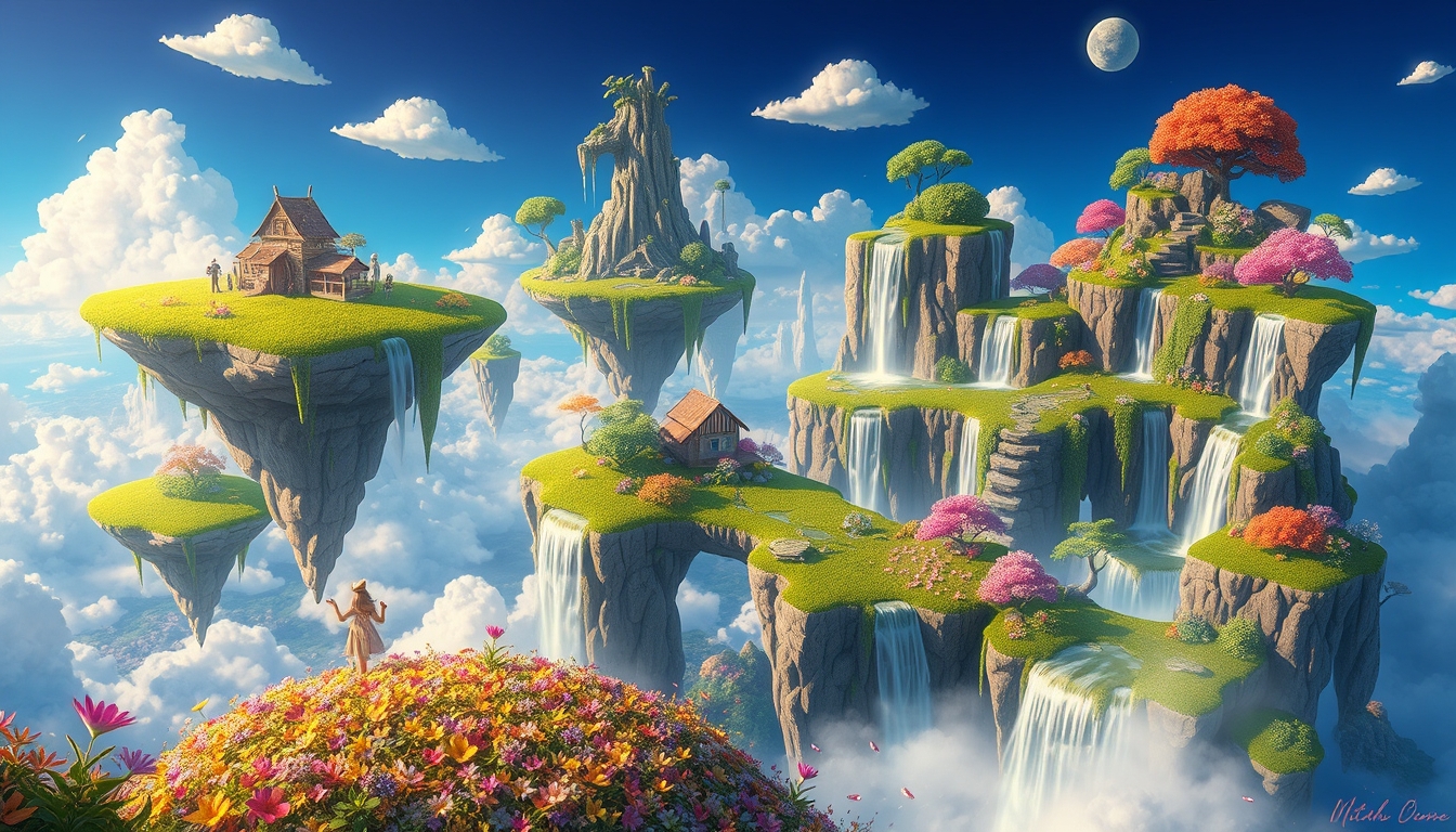 A surreal digital landscape with floating islands, cascading waterfalls, and vibrant flora, creating a dreamlike scene. - Image