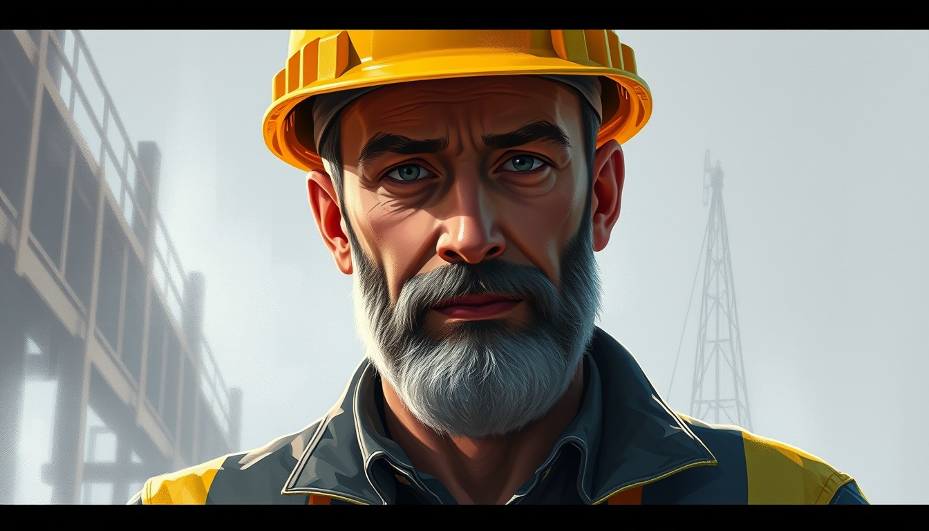 Digital illustration of a man in construction, 2D texture, add subtle depth, dodge burn effect, ambient occlusion, brushstrokes. - Image