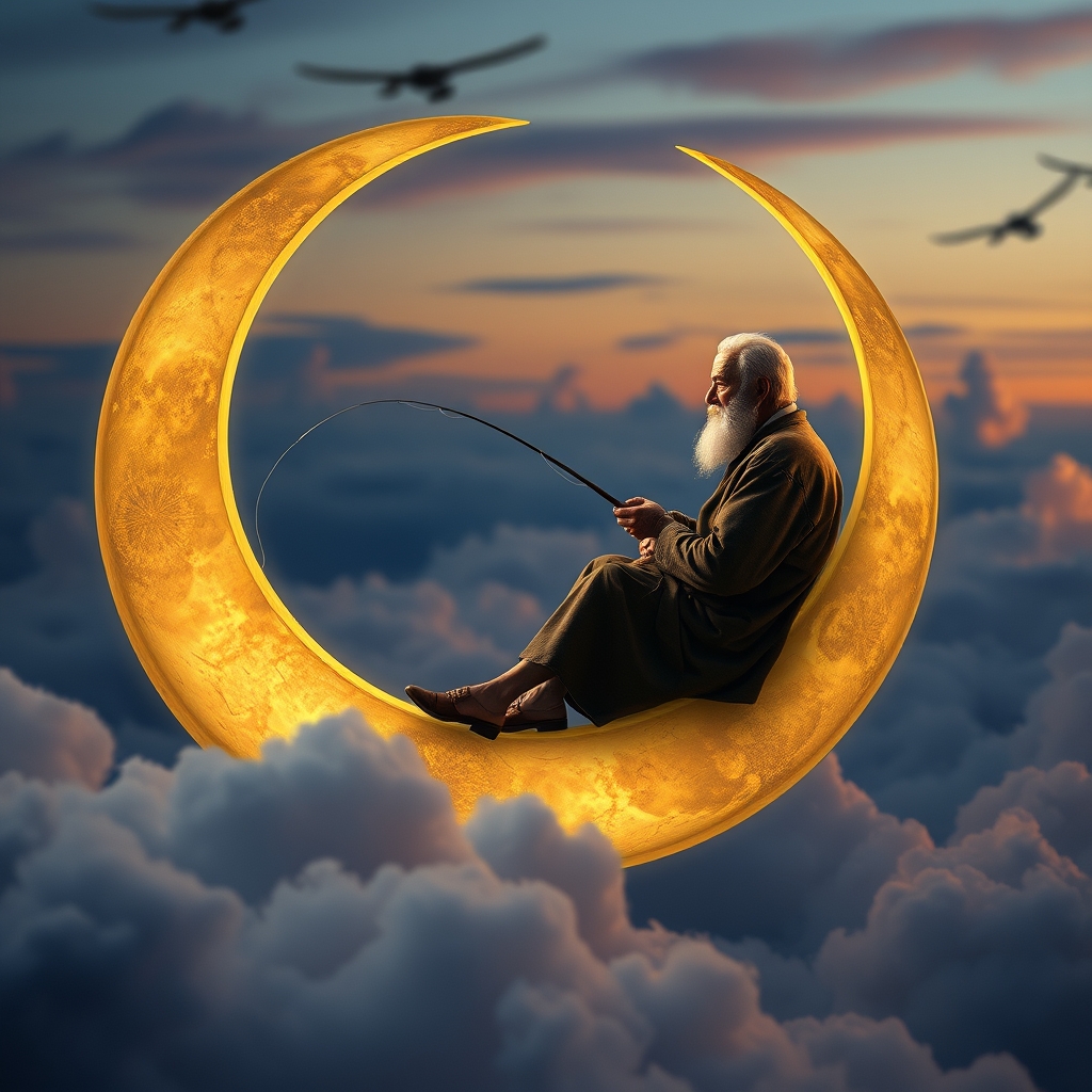 An old man sits serenely on a crescent moon, fishing among the clouds. The scene has an evening, tranquil atmosphere. It’s dreamy and whimsical. Deep depth of field, photography, National Geographic photo, hyper-realistic, 16k resolution, masterpiece, award-winning artwork, many details, extremely detailed, full of details, wide range of colors, high dynamic.