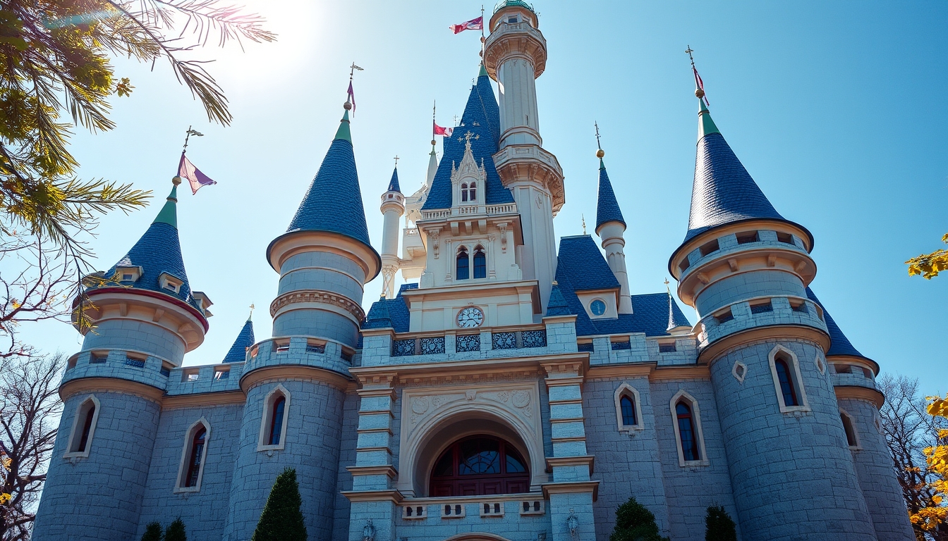 A whimsical fairy tale castle with glass turrets sparkling in the sunlight.