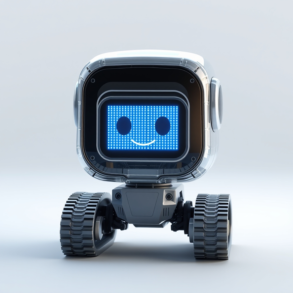 Cute aesthetic, a (small and cute semi-transparent triangular tracked robot) with an LED screen face, emoticon, stunning unreal engine render, intricate details, simple background. - Image