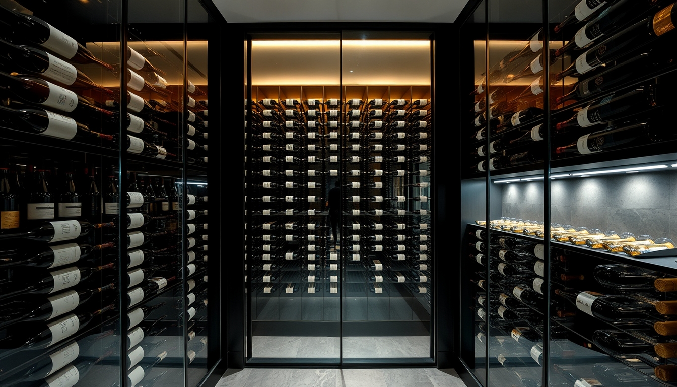 A sophisticated wine cellar with glass walls, showcasing a vast collection of bottles.