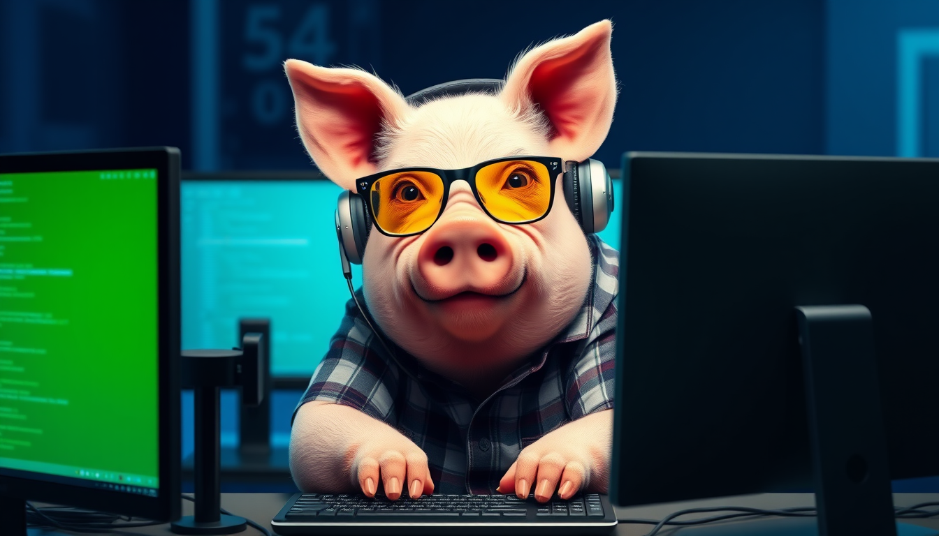 A tech-savvy pig coder, wearing yellow-tinted glasses and sleek noise-cancelling headphones, hunches over a cutting-edge multi-monitor setup. The anthropomorphic pig exudes focus, typing furiously. Dressed in a plaid t-shirt. - Image